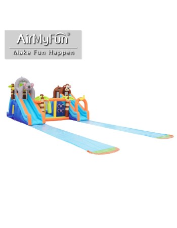 AirMyFun Φουσκωτό Τραμπολίνο Ζούγκλα με δύο τσουλήθρες με ύφασμα ολίσθησης  νεροπίστολο κρίκους εμπόδια σάκο του μποξ αναρρίχηση και μπασκέτα