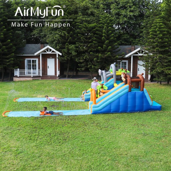 AirMyFun Φουσκωτό Τραμπολίνο Ζούγκλα με δύο τσουλήθρες με ύφασμα ολίσθησης  νεροπίστολο κρίκους εμπόδια σάκο του μποξ αναρρίχηση και μπασκέτα