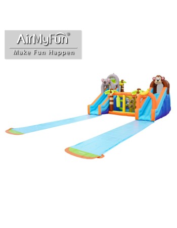 AirMyFun Φουσκωτό Τραμπολίνο Ζούγκλα με δύο τσουλήθρες με ύφασμα ολίσθησης  νεροπίστολο κρίκους εμπόδια σάκο του μποξ αναρρίχηση και μπασκέτα