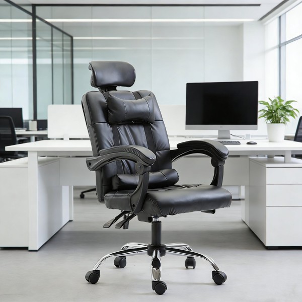 Καρέκλα Γραφείου Δερματίνης με μπράτσα και ανάκληση  Μαύρη 113-121x69x64cm