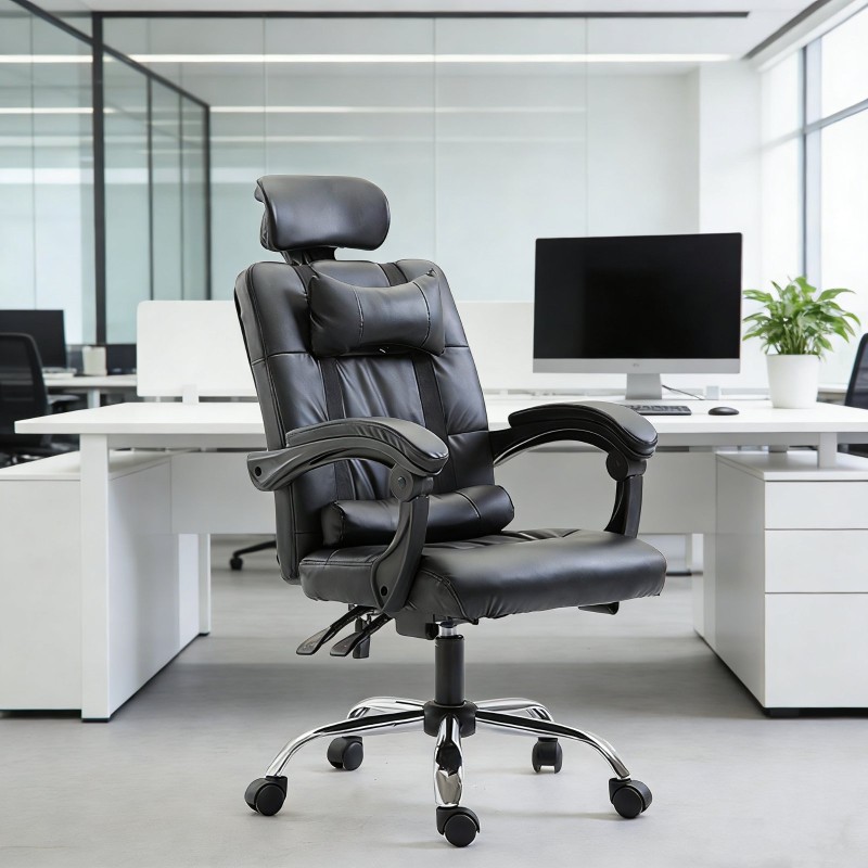 Καρέκλα Γραφείου Δερματίνης με μπράτσα και ανάκληση  Μαύρη 113-121x69x64cm