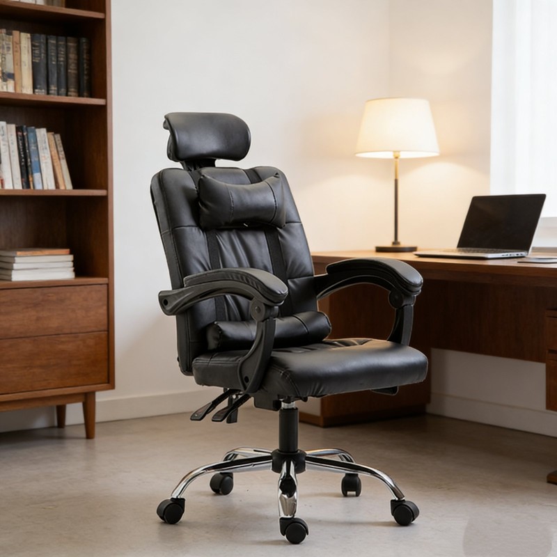 Καρέκλα Γραφείου Δερματίνης με μπράτσα και ανάκληση  Μαύρη 113-121x69x64cm