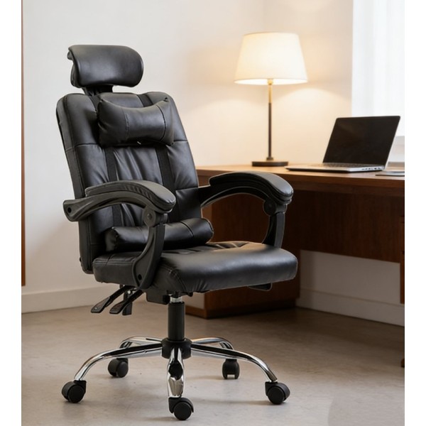 Καρέκλα Γραφείου Δερματίνης με μπράτσα και ανάκληση  Μαύρη 113-121x69x64cm