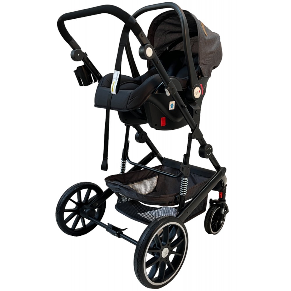 3 in 1 multi stroller Milan with car seat and foot cover for age 0 to 36 months grey with black frame