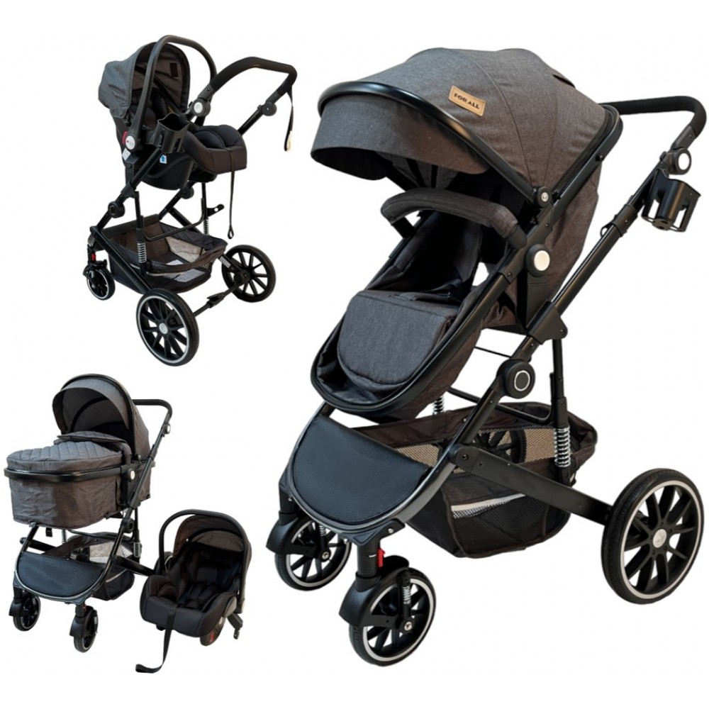 3 in 1 multi stroller Milan with car seat and foot cover for age 0 to 36 months grey with black frame