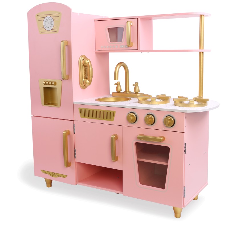 Ξύλινη Παιδική  Κουζίνα Παιχνίδι μίμησης ροζ με χρυσές λεπτομέρειες 85x33x88cm