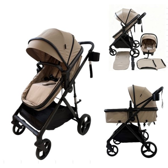 3 σε 1 αναδιπλούμενο πολυκαρότσι μωρού Fun Baby Star με κάθισμα αυτοκινήτου που κουμπώνει στο σκελετό κάθισμα που μετατρέπεται σε καλαθούνα 0+ μπεζ