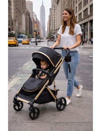 3 σε 1 αναδιπλούμενο πολυκαρότσι μωρού Fun Baby Star με κάθισμα αυτοκινήτου που κουμπώνει στο σκελετό κάθισμα που μετατρέπεται σε καλαθούνα 0+ μαύρο χρυσό