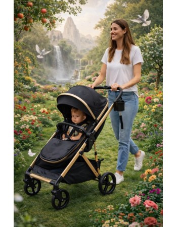 3 σε 1 αναδιπλούμενο πολυκαρότσι μωρού Fun Baby Star με κάθισμα αυτοκινήτου που κουμπώνει στο σκελετό κάθισμα που μετατρέπεται σε καλαθούνα 0+ μαύρο χρυσό