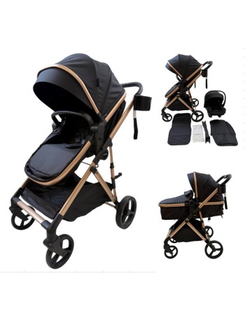 3 σε 1 αναδιπλούμενο πολυκαρότσι μωρού Fun Baby Star με κάθισμα αυτοκινήτου που κουμπώνει στο σκελετό κάθισμα που μετατρέπεται σε καλαθούνα 0+ μαύρο χρυσό