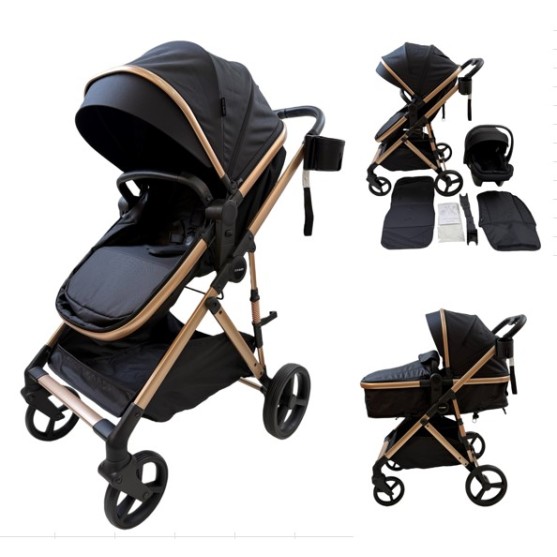 3 σε 1 αναδιπλούμενο πολυκαρότσι μωρού Fun Baby Star με κάθισμα αυτοκινήτου που κουμπώνει στο σκελετό κάθισμα που μετατρέπεται σε καλαθούνα 0+ μαύρο χρυσό