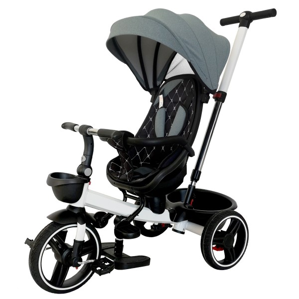 Παιδικό τρίκυκλο ποδήλατο καρότσι με μπάρα ώθησης καλάθι και φρένα γκρι για 18 μηνών και άνω