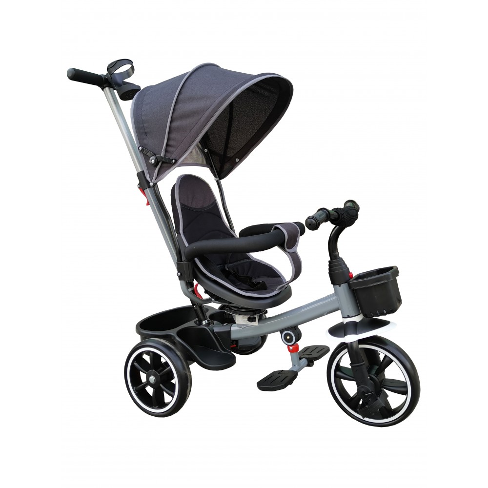 Kid Tricycle with awning and Rotatable Seat in Grey Color