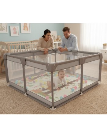 Παιδικό Παρκοκρέβατο Μωρού σε γκρι χρώμα με διάσταση 150x150cm με χαλάκι και 100 μπαλάκια