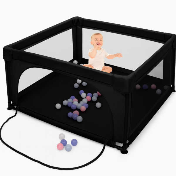 Παιδικό Παρκοκρέβατο Μωρού σε μαύρο χρώμα με διάσταση 120x120cm με χαλάκι και 100 μπαλάκια