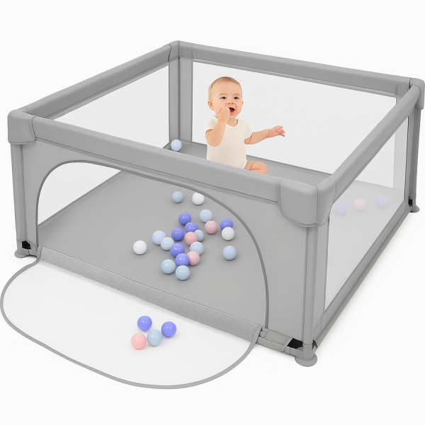 Παιδικό Παρκοκρέβατο Μωρού σε Σκούρο γκρι χρώμα με διάσταση 120x120cm με χαλάκι και 100 μπαλάκια