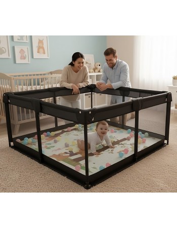 Παιδικό Παρκοκρέβατο Μωρού σε μαύρο χρώμα με διάσταση 150x150cm με χαλάκι και 100 μπαλάκια