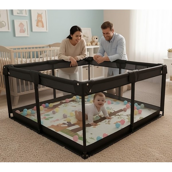 Παιδικό Παρκοκρέβατο Μωρού σε μαύρο χρώμα με διάσταση 150x150cm με χαλάκι και 100 μπαλάκια