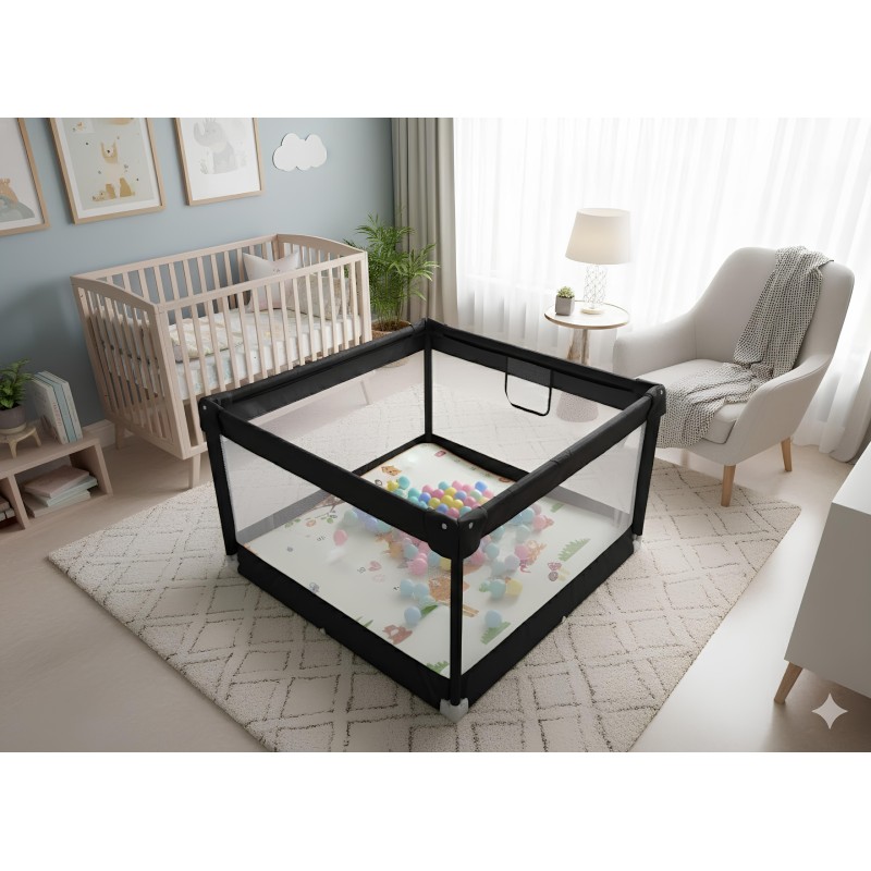 Παιδικό Παρκοκρέβατο Μωρού σε μαύρο χρώμα με διάσταση 120x120cm με χαλάκι και 100 μπαλάκια
