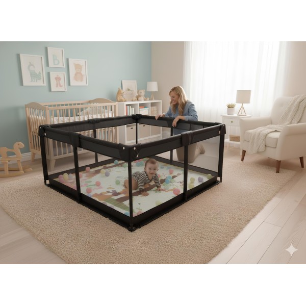 Παιδικό Παρκοκρέβατο Μωρού σε μαύρο χρώμα με διάσταση 150x150cm με χαλάκι και 100 μπαλάκια