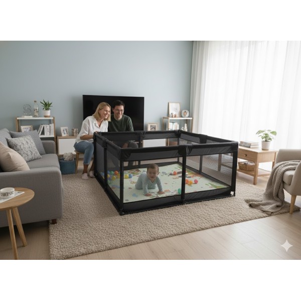 Παιδικό Παρκοκρέβατο Μωρού σε μαύρο χρώμα με διάσταση 150x150cm με χαλάκι και 100 μπαλάκια