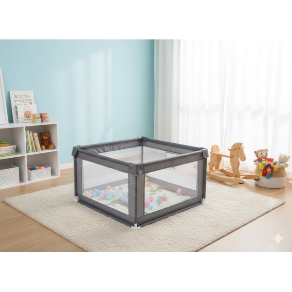 Παιδικό Παρκοκρέβατο Μωρού σε Σκούρο γκρι χρώμα με διάσταση 120x120cm με χαλάκι και 100 μπαλάκια