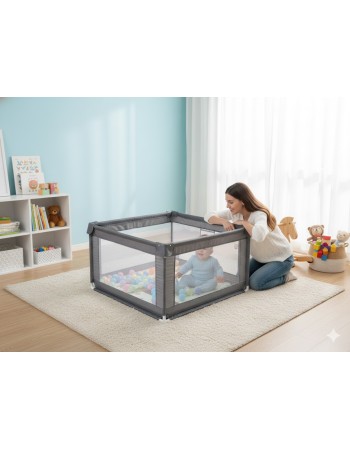 Παιδικό Παρκοκρέβατο Μωρού σε Σκούρο γκρι χρώμα με διάσταση 120x120cm με χαλάκι και 100 μπαλάκια