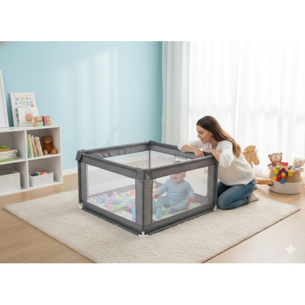 Παιδικό Παρκοκρέβατο Μωρού σε Σκούρο γκρι χρώμα με διάσταση 120x120cm με χαλάκι και 100 μπαλάκια