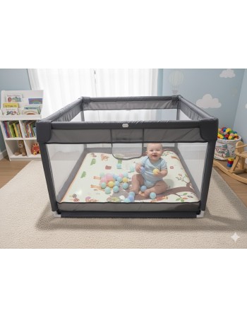 Παιδικό Παρκοκρέβατο Μωρού σε Σκούρο γκρι χρώμα με διάσταση 120x120cm με χαλάκι και 100 μπαλάκια