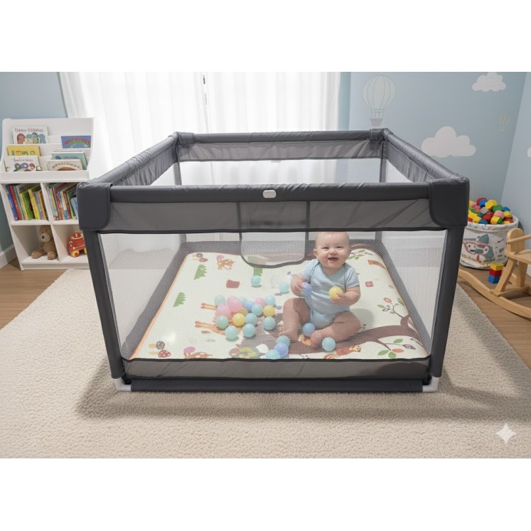 Παιδικό Παρκοκρέβατο Μωρού σε Σκούρο γκρι χρώμα με διάσταση 120x120cm με χαλάκι και 100 μπαλάκια