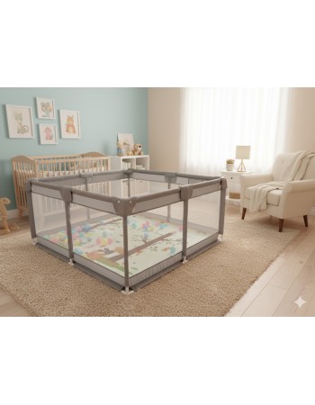 Παιδικό Παρκοκρέβατο Μωρού σε γκρι χρώμα με διάσταση 150x150cm με χαλάκι και 100 μπαλάκια