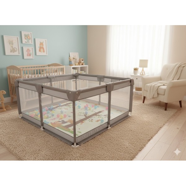 Παιδικό Παρκοκρέβατο Μωρού σε γκρι χρώμα με διάσταση 150x150cm με χαλάκι και 100 μπαλάκια