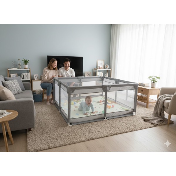 Παιδικό Παρκοκρέβατο Μωρού σε γκρι χρώμα με διάσταση 150x150cm με χαλάκι και 100 μπαλάκια